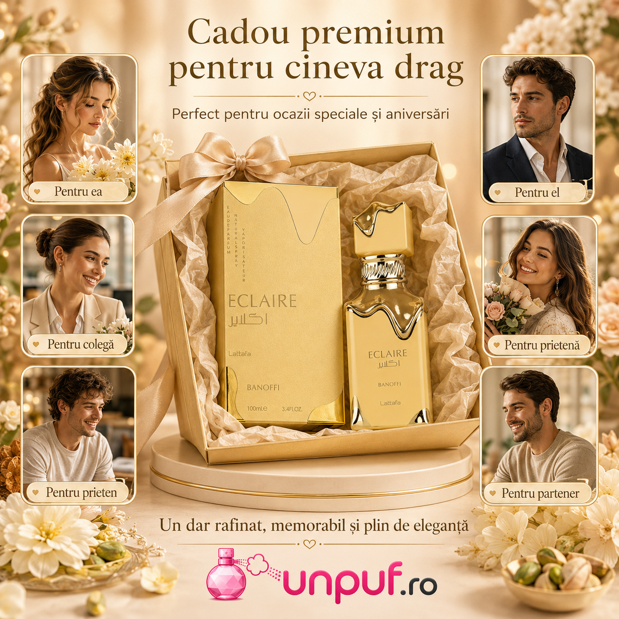Lattafa Eclaire Banoffi parfum arabesc unisex cadou premium pentru damă și bărbat, ambalat cu atenție